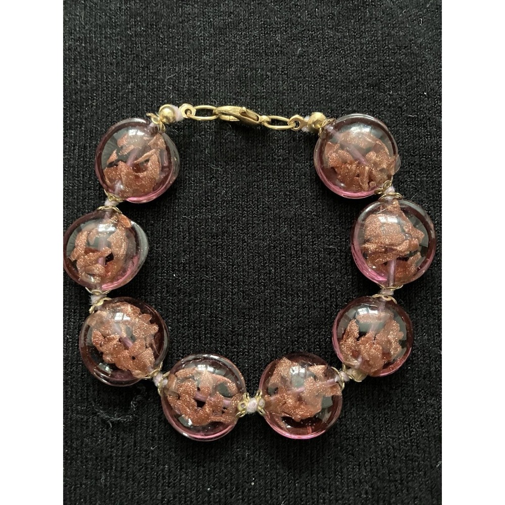 Vintage Handmade Murano Glass Bracelet 7" Amethyst With Gold Flakes Inside